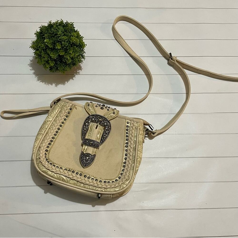 Montana West‎ Cream Tooled Leather Western Crossbody Shoulder Saddlebag Purse